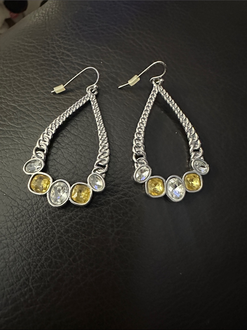 Sterling Silver Teardrop Earrings with Yellow and Clear Stones. Custom jewelry